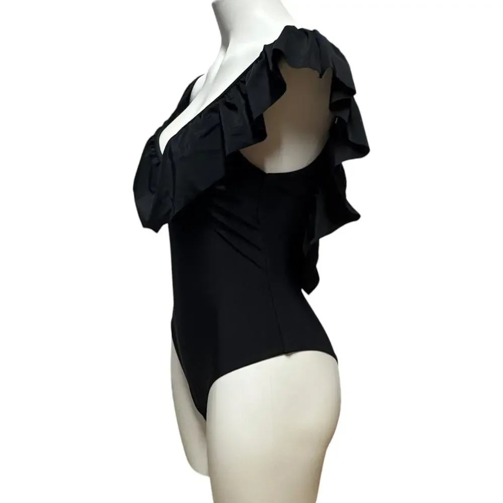Altar'd State Ruffle Lace Up One Piece Swimsuit Black Small
